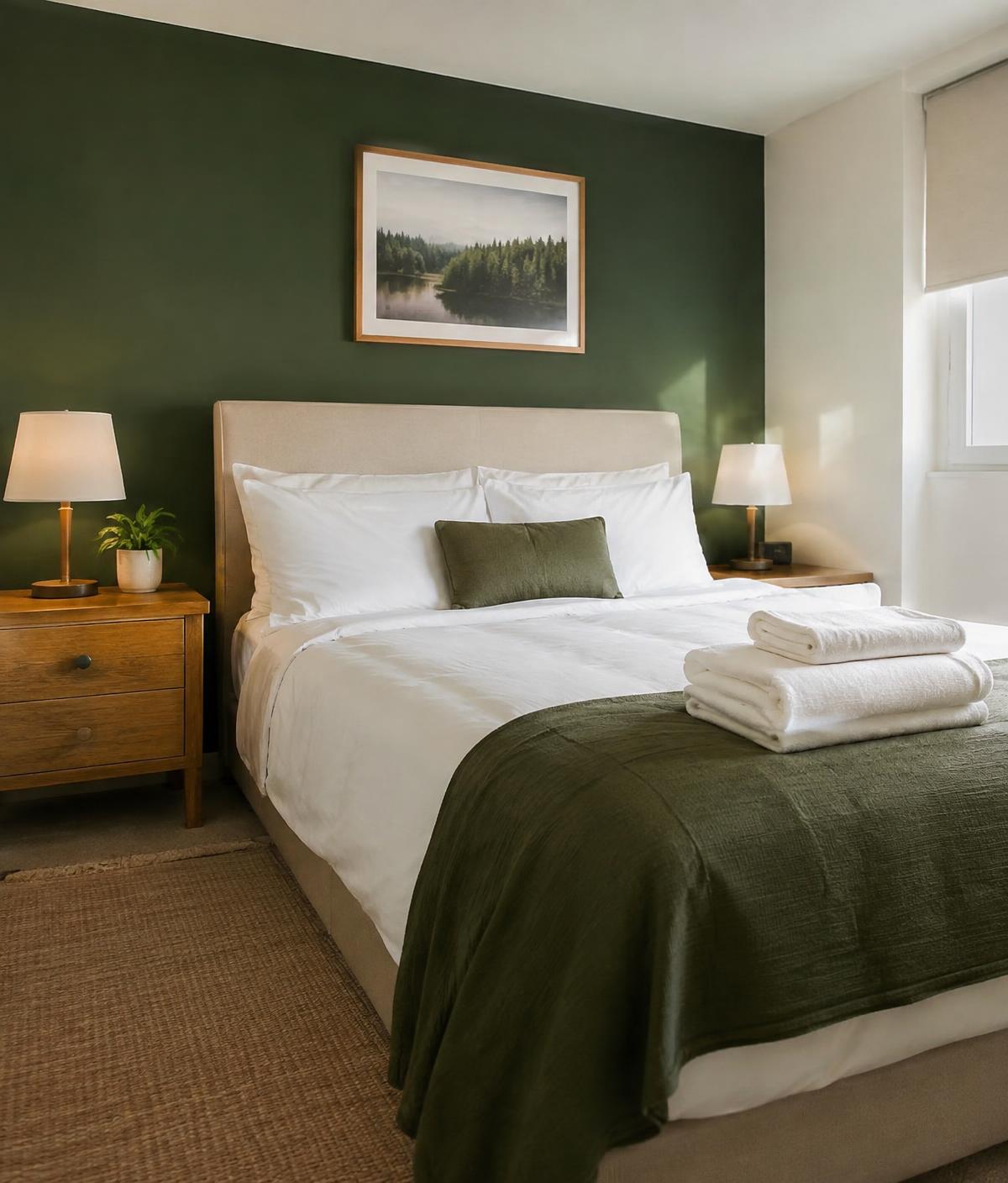A freshly made guest bedroom with folded towels and a forest green accent wall